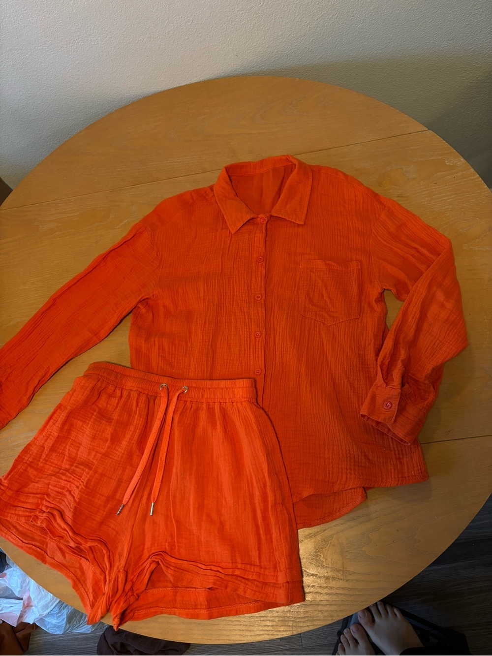 Bright Orange Button-Up Top & Drawstring Shorts Set